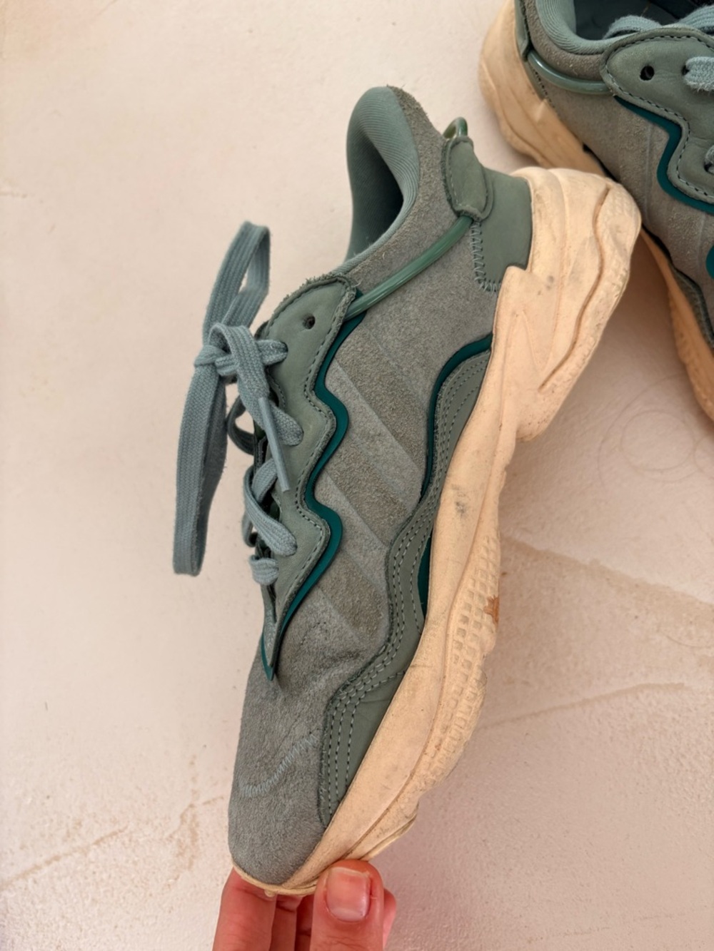 adidas Ozweego Sage Green Suede Sneakers with Teal Trim